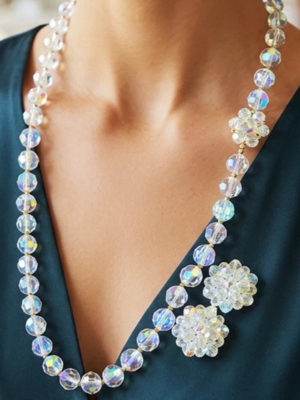 Vintage Aurora Borealis Crystal Glass Necklace & Earrings AB Faceted Beads